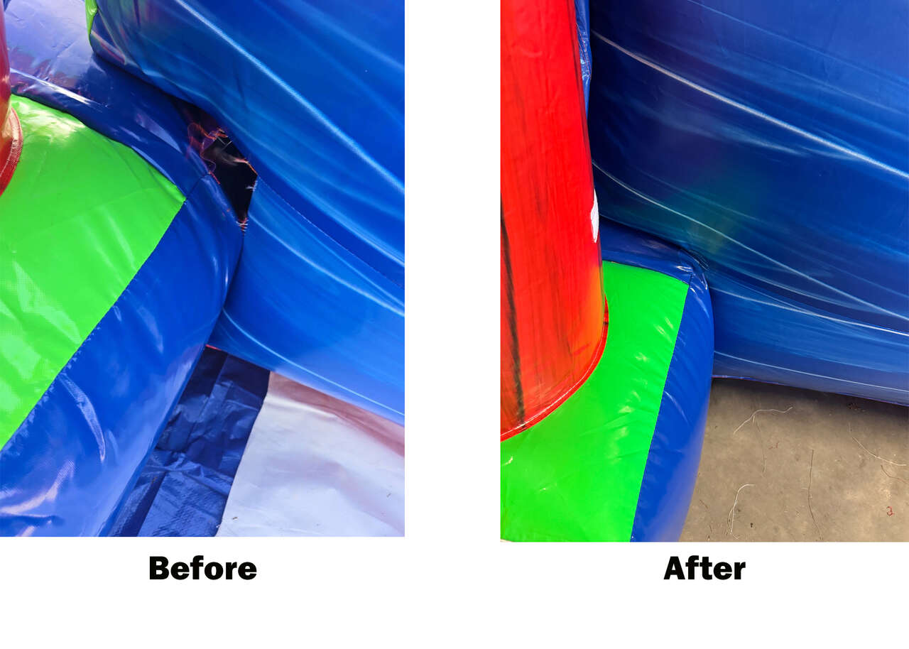 Corner seam repair on a bounce house in North Carolina